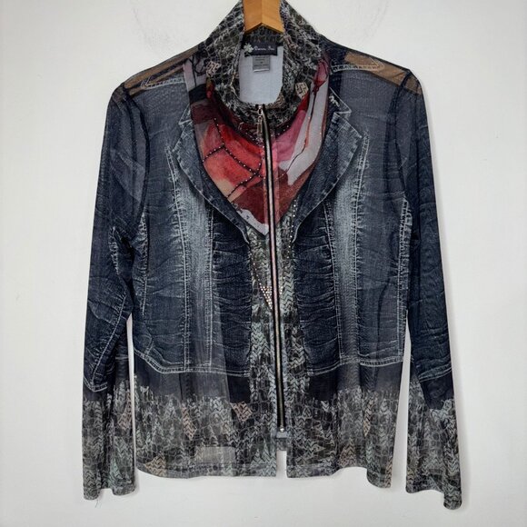 Damee Blue Polyester Mesh Trompe L’oeil Zip-Up Jacket Women’s M Art to Wear - Picture 6 of 12